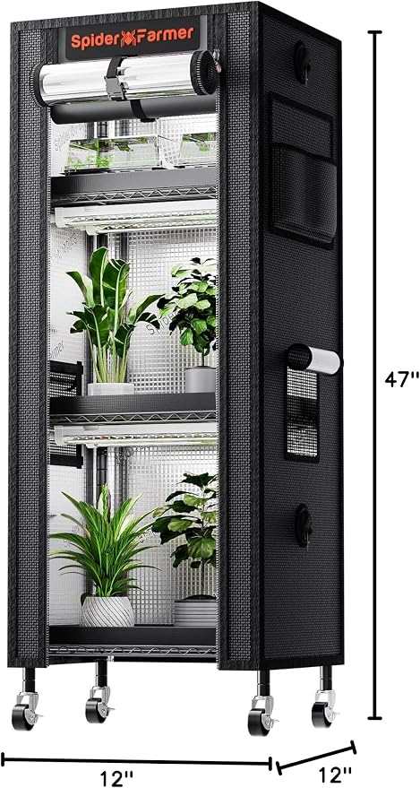 Spider Farmer 2026 Plant Stand with Grow Light, 4-Tier Rack 6Pcs 12" Full Spectrum 5000K LED Grow Lamps and Tent Cover Height Adjustable Small Greenhouse for Seedling Plant Indoor 16Lx12Dx47H (Update)