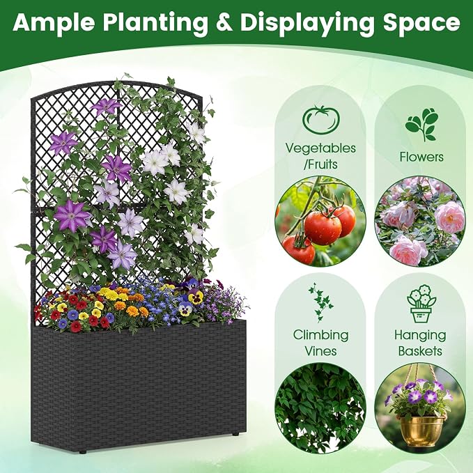 HAPPYGRILL Raised Garden Bed with Trellis, 49" Wicker Planter Box w/Privacy Screen, Liner, Drainage for Patio Balcony, Outdoor PE Rattan Elevated Garden Bed for Climbing Plant Vine Flower (Black,1)
