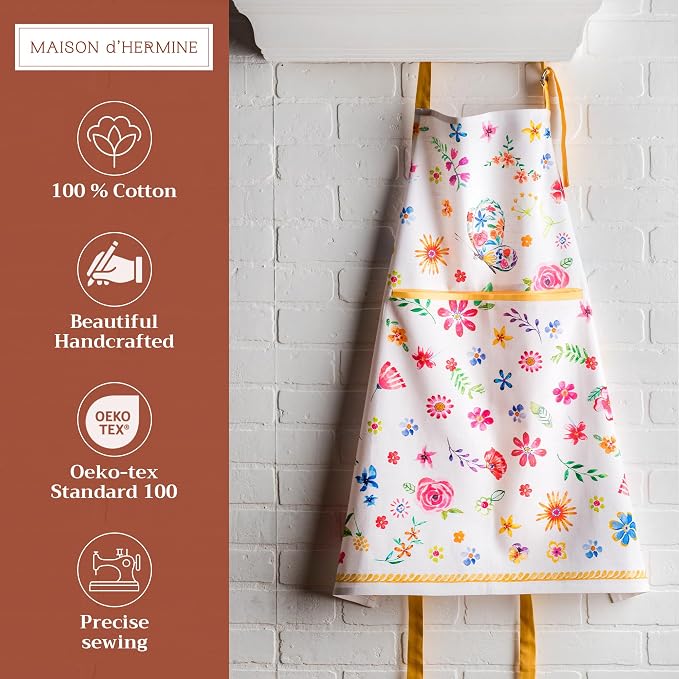 Maison d' Hermine Aprons for women with Pocket 100% Cotton (27.50"x31.50") | Adjustable Neck Strap & long ties Apron Men Chef Wedding Cooking Gardening Server Maid