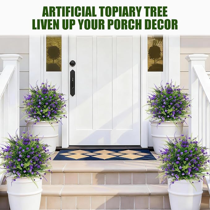 Artificial Boxwood Plants Outdoor with Stake,Set of 2 Artificial Topiary Ball Flowers Faux Shrubs Bushes with Spike, UV Resistant Fake Flowers Ball Tree for Planter Filler Garden Front Porch D17