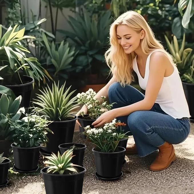 FUIJOL 5 Gallon Plastic Pots with Drip Trays, Sturdy Gallon Plant Pots with Drainage Holes, Large Gallon Pots for Flowers, Ideal for Indoor and Outdoor Use (5Gallon-5PACK)