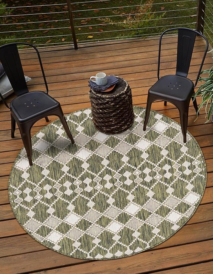 Unique Loom Outdoor Trellis Collection Area Rug - Traliccio (4' 1" Round, Green/ Ivory)