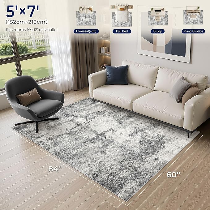 DMOYEST 5x7 Area Rug for Living Room Washable Abstract Indoor Carpet | Neutral Modern Low Pile Rugs Kid & Pet Friendly Soft Thin Carpet for Bedroom Dining Room and Office - Grey