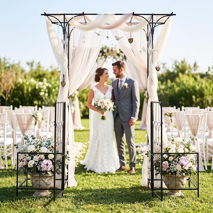 Giantex Garden Arbor with Gate and Planter, 79" W x 81" H Metal Arch Trellis with Double Doors, Outdoor Archway for Climbing Plants, Weddings, Backyard, Patio, Lawn, Ceremony Party Decoration