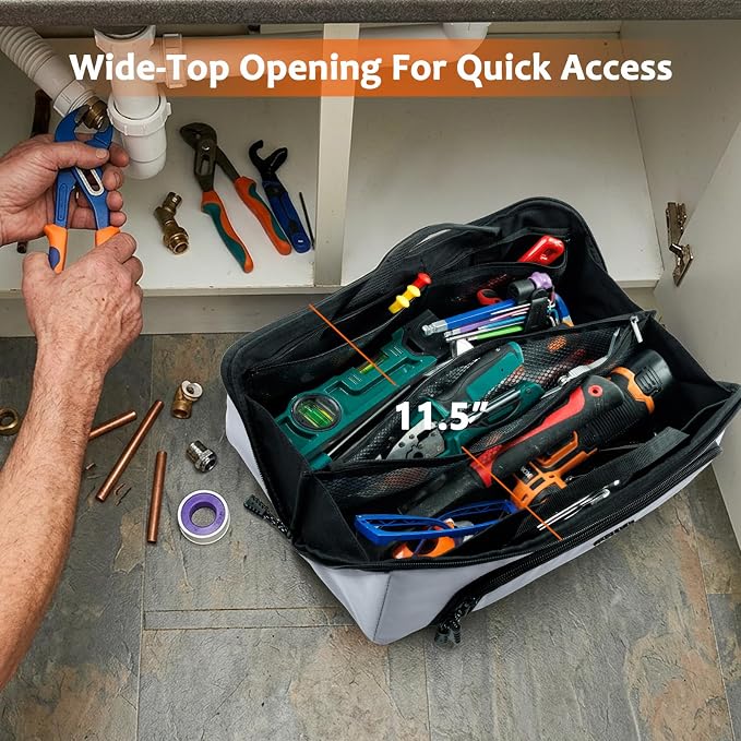 Tool Bag Organizer for Electrician & Technician, Portable Wide-Open Tool Tote with Multi Compartments, Heavy Duty Tool Storage Bag for HVAC, Plumbing, Garage & Home Repair Tools, Handyman