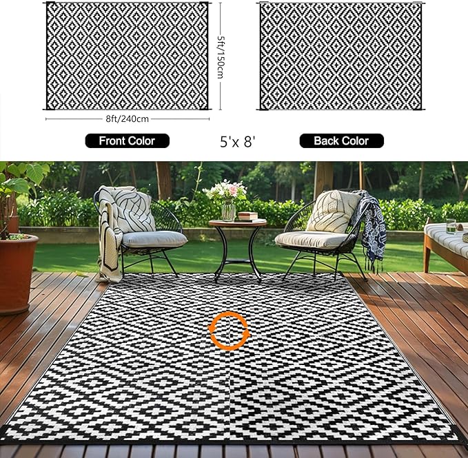 Outdoor Patio Plastic Straw Rug - 5x8 ft Outdoor Camping Rug Waterproof Reversible, Area Carpet Patios RV, Outside Porch Balcony Deck for Camper, Black & White
