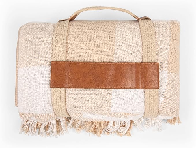 Picnic TIME Montecito Picnic Blanket with Harness, Large 60" x 70" Outdoor Blanket, Woven Cotton Top with Water-Resistant Poly Duck Backing, Sandproof Beach Mat for Camping & Travel (Beige Gingham)
