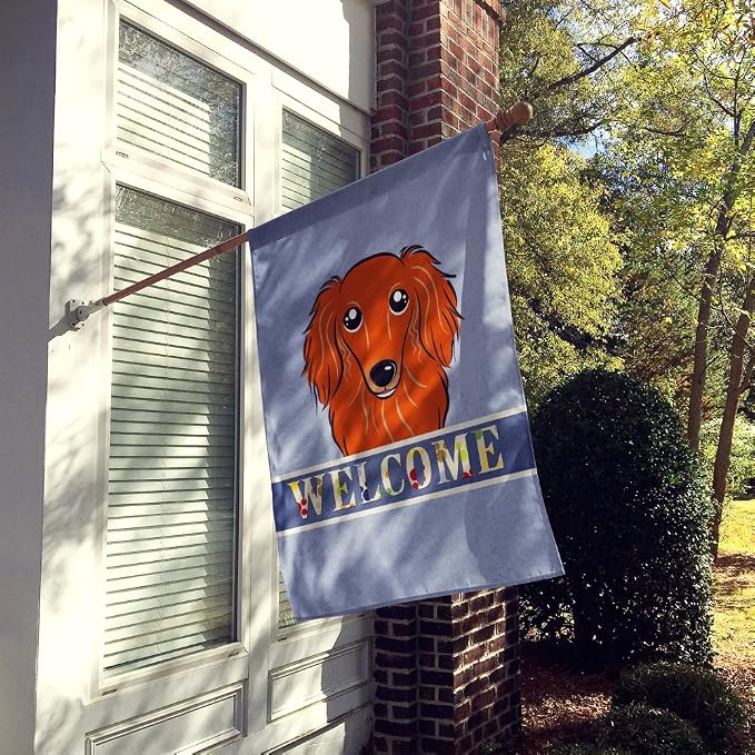 Caroline's Treasures BB1400CHF Longhair Red Dachshund Welcome House Flag, Blue Large Porch Sleeve Pole Decorative Outside Yard Banner Artwork Wall Hanging, Polyester, House Size, Multicolor