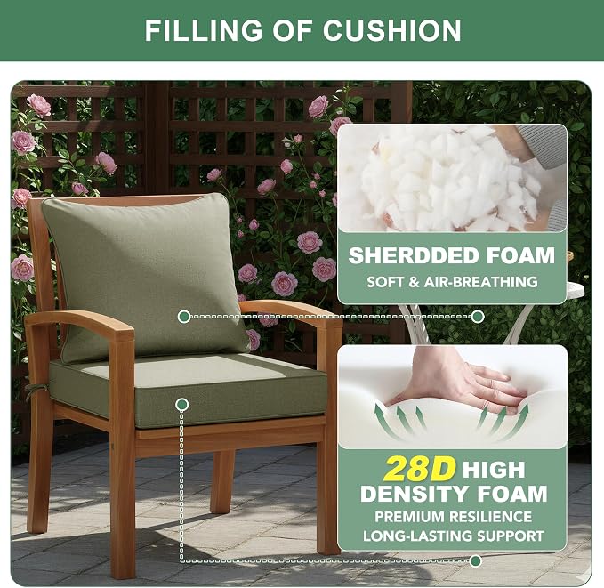 Summsun Water Resistant Outdoor Chair Cushions, Faux Linen Backrest and Deep Seat Cushion Set with Ties, Removable Cover, Non-Slip Bottom for Patio Furniture, 24 x 24 Inch, Mocca Green, Set of 4