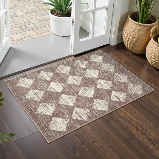 Lahome Checkered Bathroom Rug 2x3 Beige, Non Slip Washable Door Kitchen Mat