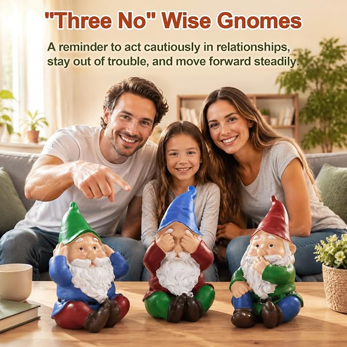 3Pcs Garden Gnomes Outdoor Statue, No Hear No See No Speak Gnomes Lawn Decor, Silence is Gold Art Gnome Figurines for Yard, Patio, Balcony, Home, Unique Garden Gifts for Mom Women Grandma