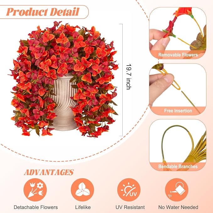 INXUGAO 2 pcs Artificial Faux Bougainvillea Fall Flowers Plants for Outdoor Outside Decoration, Fake Silk UV Resistant Long Trailing Vines for Front Door Porch Planter Balcony Decor