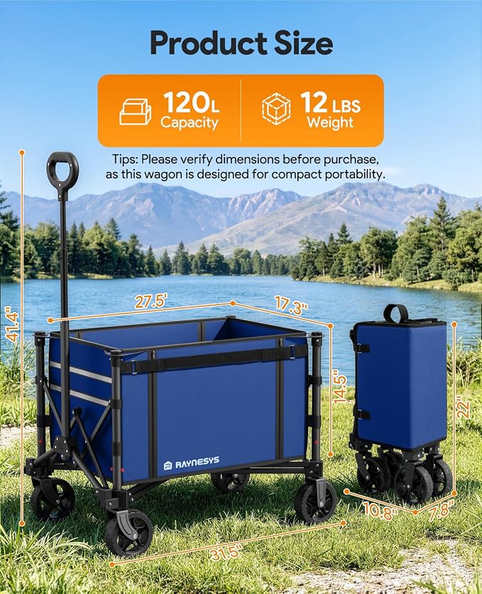 Raynesys Collapsible Wagon Cart with Wheels 220lbs Foldable Wagon 120L Shopping Cart for Groceries Folding Utility Wagon for Beach, Garden, Camping, Sport, Wheelbarrows, Indigo