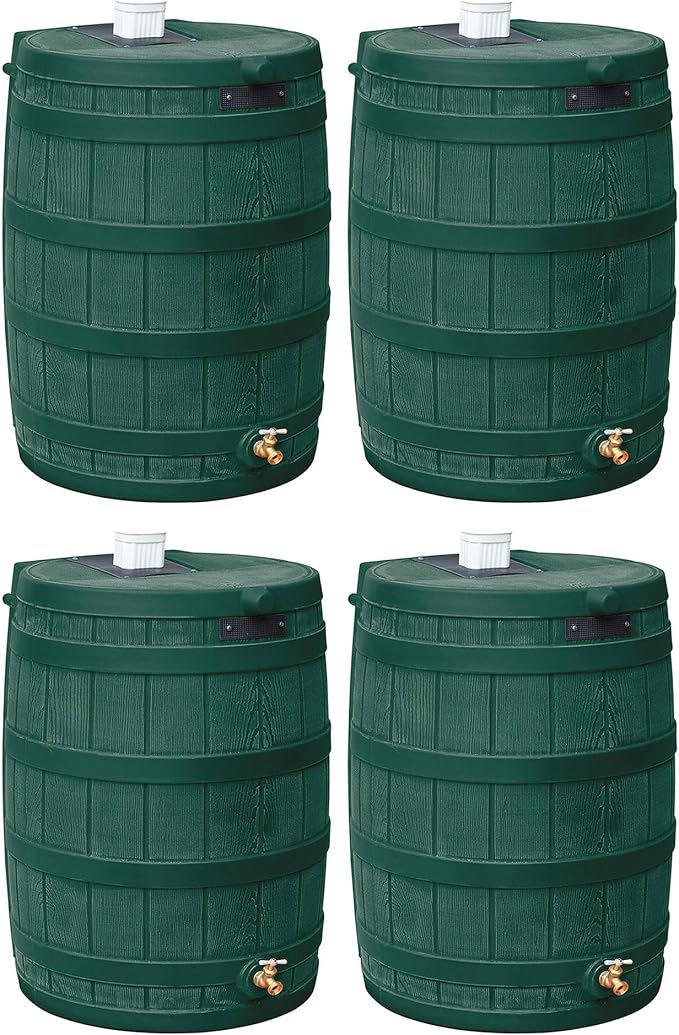 Good Ideas Rain Wizard Water Storage Premium Quality Collection Barrel with Brass Spigot, Safety Screen, and 50 Gallon Capacity, Green (4 Pack)