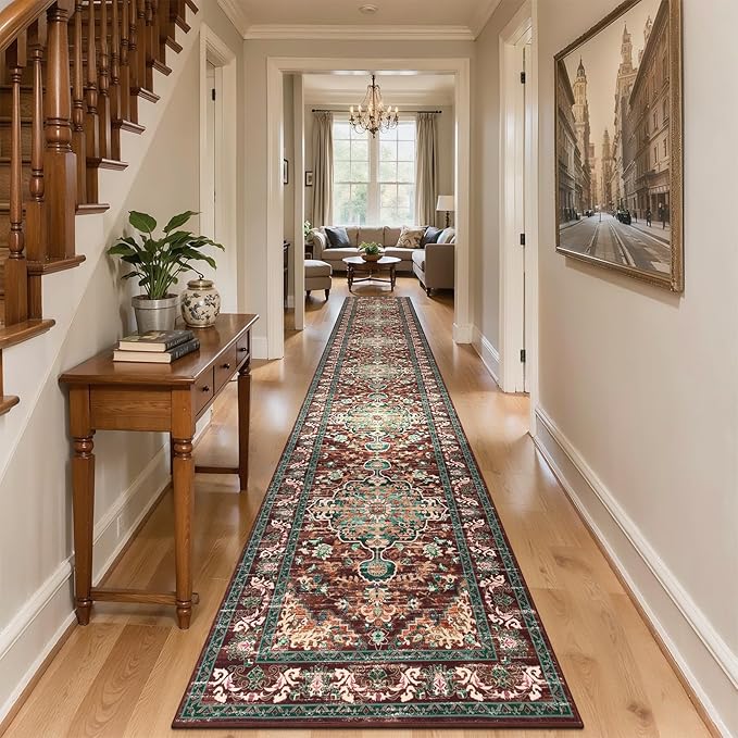 U'Artlines 3' x 18' Boho Hallway Runner Rug, Washable Carpet, Rust＆Teal | Non Slip, Vintage Farmhouse Accent Area Rug Carpet, for Bedroom, Dining Room, Laundry and Living Room