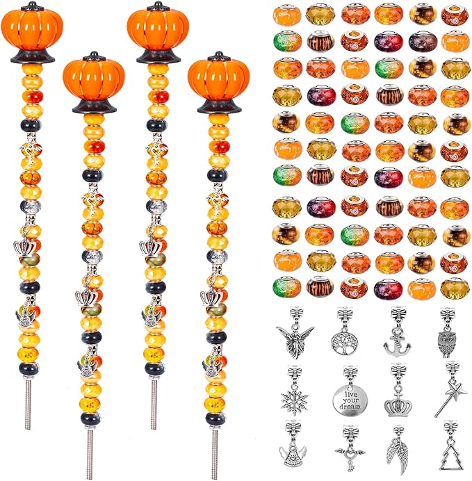 Prefdo DIY Fairy Wand Garden Stake - Autumn Pumpkin 4-Pack | 4 Toppers, 4 Rods, 80 Beads, 12 Silver Pendants. Outdoor Décor for Halloween Fall Christmas. DIY fairy wand or plant stake.