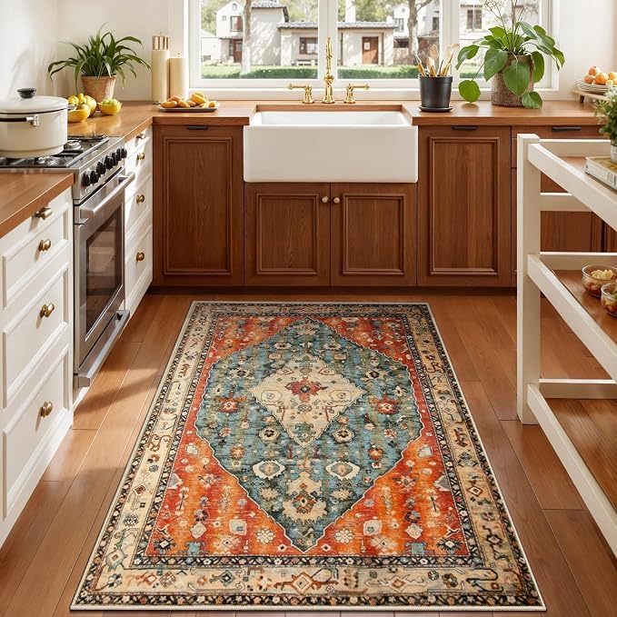 SERISSA 3x4 Washable Non Slip Boho Area Rug for Entryway | Ultra Soft Vintage Oriental Carpet Low-Pile Distressed Tribal Indoor Entrance Carpet for Kitchen Bedroom Living Room Dorm
