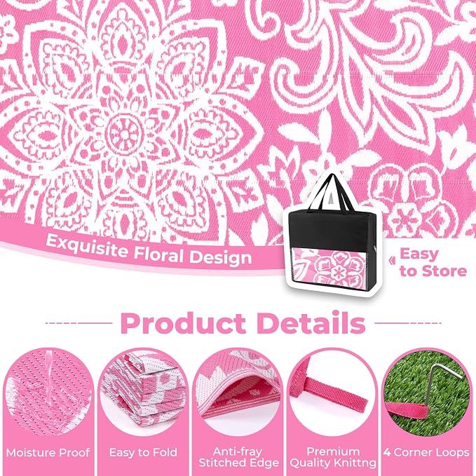Findosom Waterproof Outdoor Rug 5' x 8' - Reversible Mandala Outdoor Plastic Straw Rug, Durable Foldable Patio Rug for RV, Deck, Balcony, Backyard, Picnic, Porch, Camping, Beach, Pink