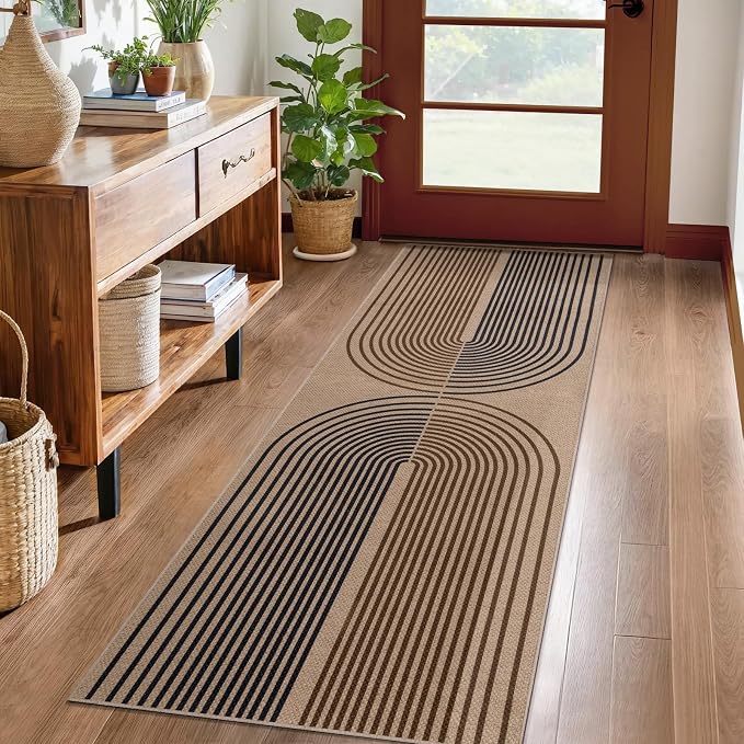 Tangsoo Rainbow Easy Jute Rug 2x6 Washable Runner for Hallways,Non-Slip Ultra Thin Dark Brown Outdoor Runner Carpet,Contemporary Kitchen Door Mat for Laundry Bedroom Entryway Porch