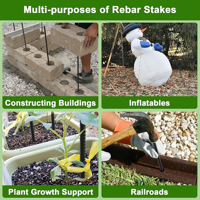 AAGUT Rebar Stakes 24 Inch 10 Pcs Landscape Timber Spikes 1/2", Heavy Duty Straight Garden Plant Stakes for Concrete Forming, Ground Anchors with Chisel Point End, Black