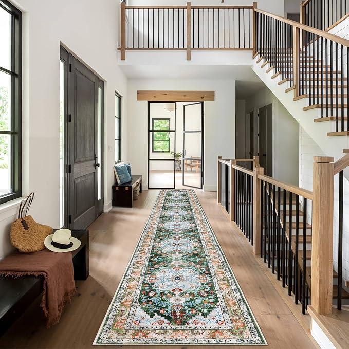 U'Artlines 2.6' x 20' Extra Long Boho Hallway Runner Rug, Green | Non Slip Washable Vintage Farmhouse Accent Area Rug Carpet for Kitchen Entryway Laundry and Living Room