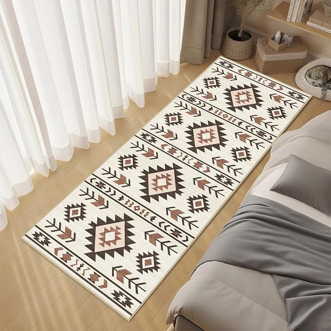 Western Runner Rug 2x6 for Hallway Kitchen Bedroom, Southwestern Aztec Tribal Runner Rugs Southwest Navajo Machine Washable Rug Non-Slip Printed Low-Pile Floor Carpet Mat for Living Room, Beige