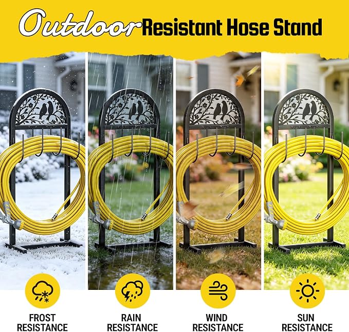YQSLYSF Garden Hose Holder for Outside, Water Hose Reel Freestanding with 4 Stake, Heavy Duty Metal Hose Stand Storage Rack Holds 150Ft
