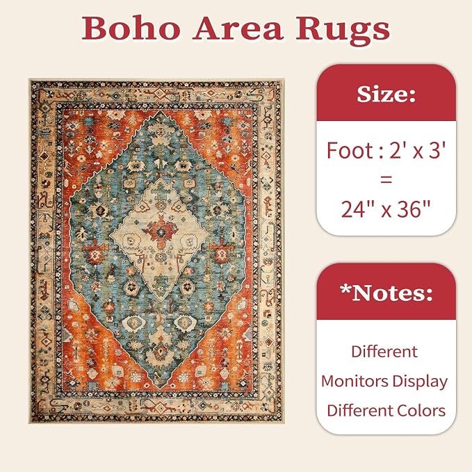 SERISSA 2x3 Washable Non Slip Boho Small Area Rug for Entryway | Ultra Soft Vintage Oriental Carpet Low-Pile Tribal Indoor Mat for Bedroom Kitchen Bathroom Entrance Floor