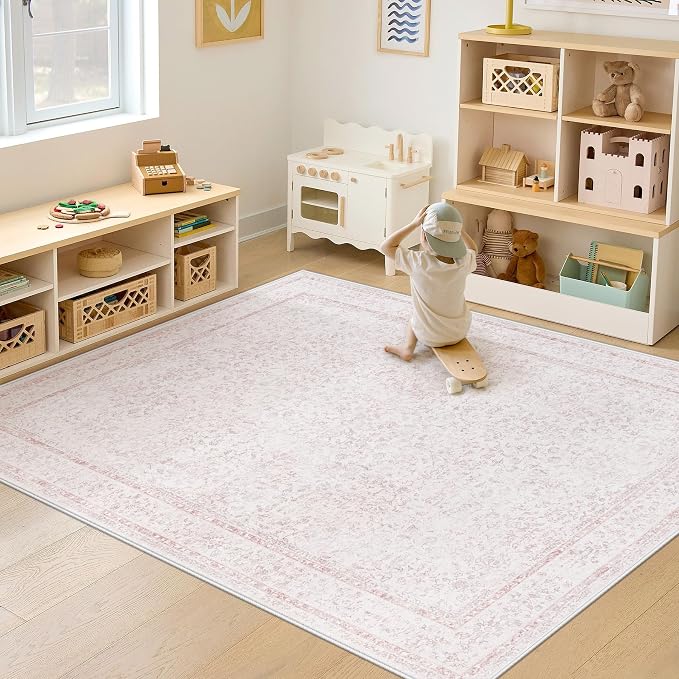 6x9 Area Rugs for Living Room: Washable Vintage Floral Rug Low Pile Non-Slip Boho Carpet for Nursery Bedroom Dining Room (Pink, 6'x9')