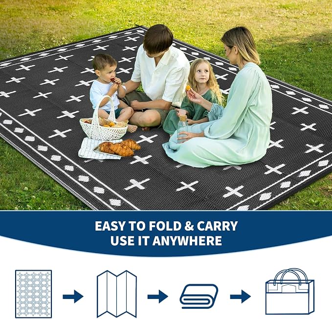Waterproof Outdoor Rug 8x10, Modern Reversible Plastic Straw Patio Camping Rugs, Outdoor Indoor RV Mat Carpet for Patio, Outside Entry, Backyard, Deck, Bench, Picnic, Camper，Black/White