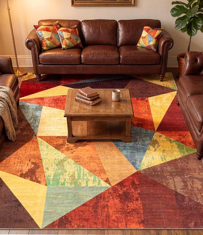 Orange Area Rug 6x9 for Living Room,Geometric Burnt Orange Area Rug Non Slip,Farmhouse Rugs Washable,Vintage Burgundy Carpets for Bedroom, Boho Rug for Kitchen,Dining Room