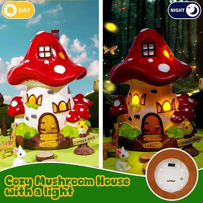 50 Pcs Fairy Garden Accessories Kit Miniature Mushroom House & Fairy Figurines Micro Landscape Kit with Animals & Furniture for DIY Crafts Outdoor Garden Mini House Decor Birthday Gift
