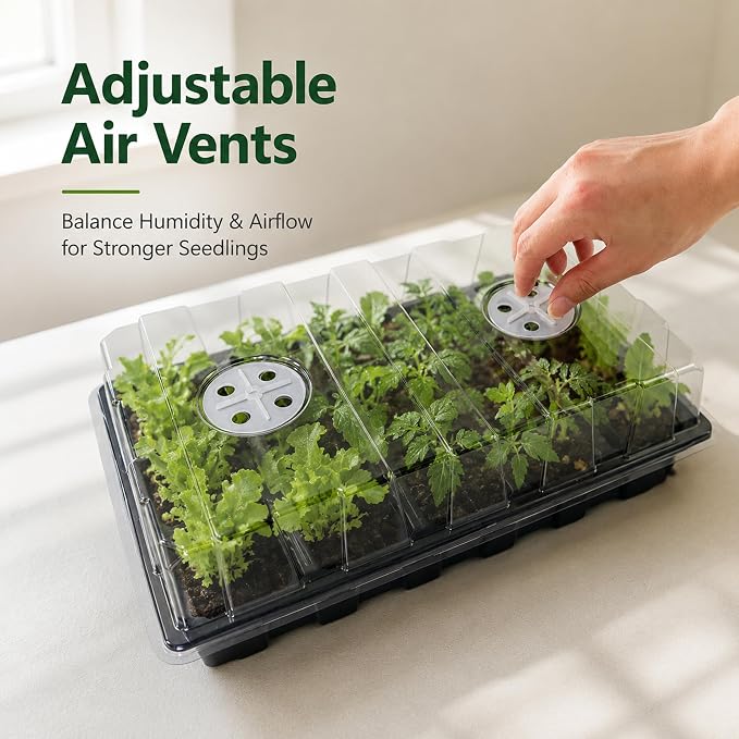 Gardzen 10-Pack Seed Starter Kits, Reusable Plant Germination Trays with Total 150-Cell, Seed Starter Tray with Humidity Vented Domes and Bases for Starting Vegetable Flower Herb Seeds 15" x 9", Black