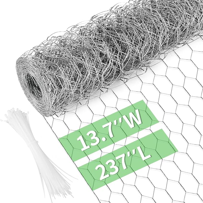Miuwauer Chicken Wire Chicken Wire 13.7 in x 237 in Poultry Wire Netting Hexagonal Galvanized Mesh Garden Fence Barrier for Pet Rabbit Chicken Fencing with 100 Pcs Cable Zip Ties