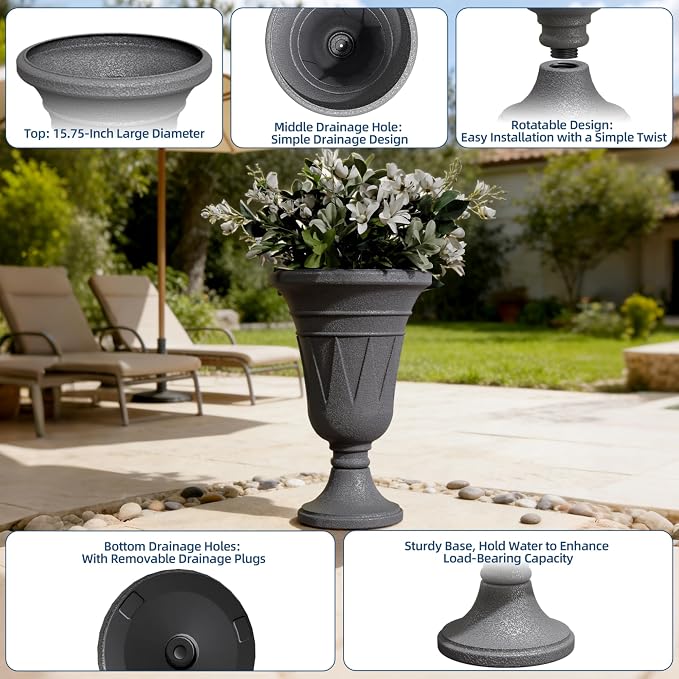 Tall Urn Planters for Outdoor Plants Set of 2-23.6" H Vintage Trophy Design Outdoor Planters for Porch Decor with Drainage Hole, Indoor Large Flower Pots, Pedestal Planter/Garden Vase, Gray