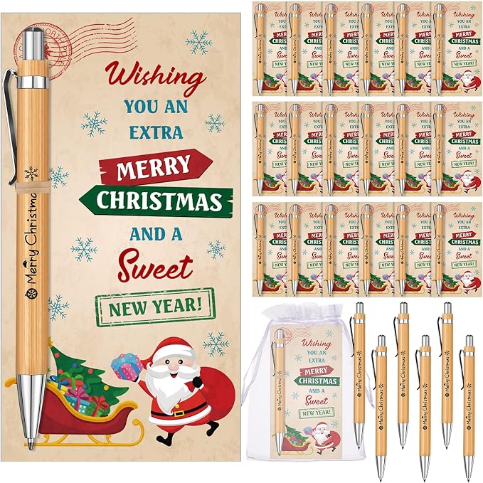 Marspark 30 Set Vintage Christmas Gifts Bulk Christmas Ballpoint Pens and Greeting Cards Set with Bag Twist Ties for Employee Coworker Teacher Student School Office Home Party Favor