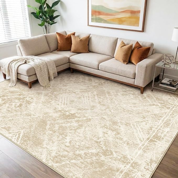 8'x10' Washable Area Rug for Living Room Beige/Lightbrown | Soft Western No Slip Low Pile Print Foldable Indoor for Kitchen Dining Room