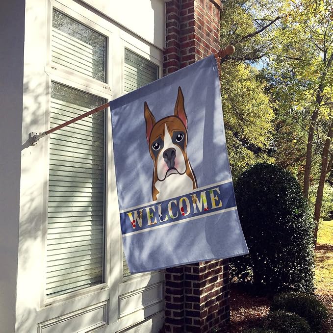 Caroline's Treasures BB1409CHF Boxer Welcome House Flag, Blue Large Porch Sleeve Pole Decorative Outside Yard Banner Artwork Wall Hanging, Polyester, House Size, Multicolor