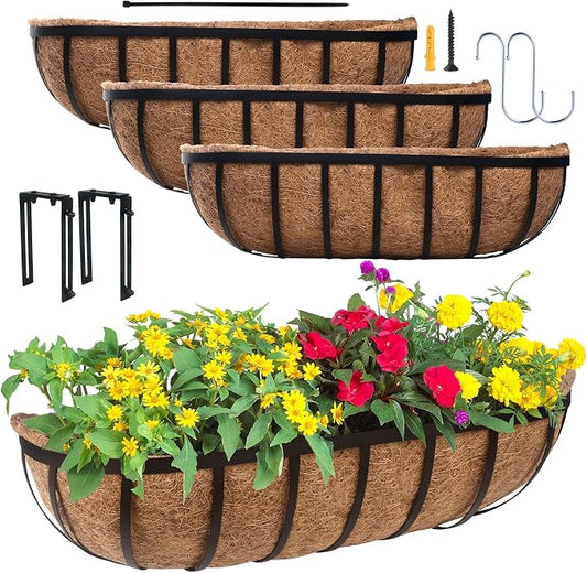 DUNCHATY 24 Inch Railing Planter 4 Pack - Adjustable Metal Window Box Planter with Coco Liner for Deck Balcony Porch Fence - Outdoor Hanging Flower Basket for Herbs & Flowers