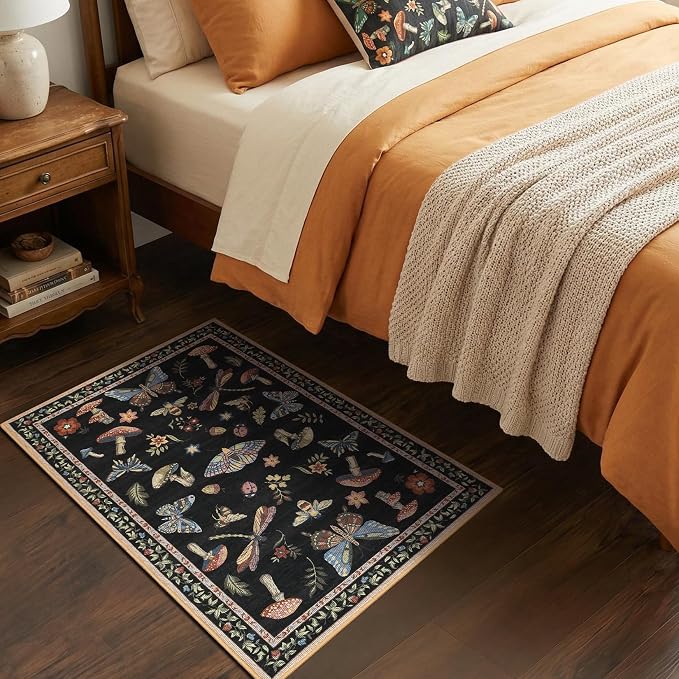 ROYHOME Mushroom Insect Washable 2x3 Rug for Entryway Door Mat Black | Kitchen Bathroom Bedroom Small Bug Moth Cute Funky Cottage Core Whimsical Boy Rugs Low-Pile Non-Slip TPE Backing