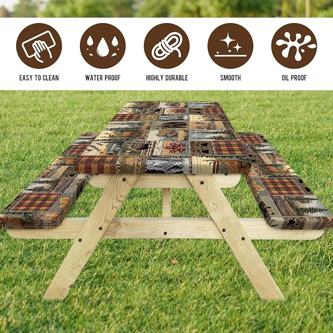 Picnic Table Cover with Bench Covers 6FT 3PCS, Camping Essentials,Rectangle Fitted Camping Tablecloth Waterproof with Elastic Edge for Indoor Outdoor Patio, 60in, Brown