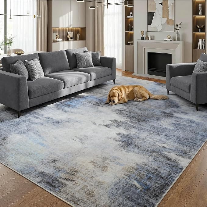 4x6 Modern Abstract Washable Area Rug for Living Room Soft Non-Slip | Low Profile Rugs for Bedroom, Cool Floor Carpet for Dining Room, Office, Kids Nursery Home Decor, Misty Blue Beige Gray