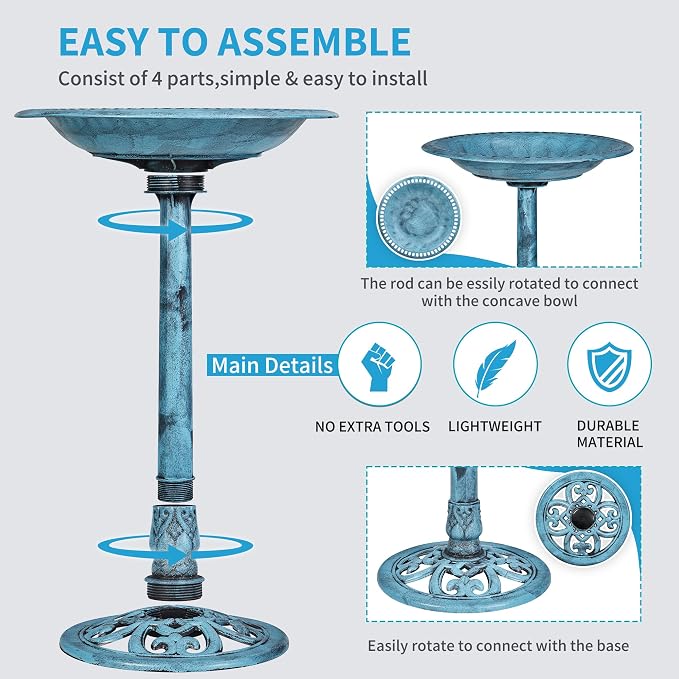VECELO 28" Pedestal Outdoor Bird Bath for Outside, Vintage Bronze Polyresin Lightweight Antique, Yard/Garden Decoration, Blue