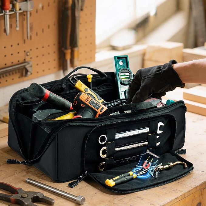 Tool Bag Organizer for Electrician & Technician, Portable Wide-Open Tool Tote with Multi Compartments, Heavy Duty Tool Storage Bag for HVAC, Plumbing, Garage & Home Repair Tools, Handyman
