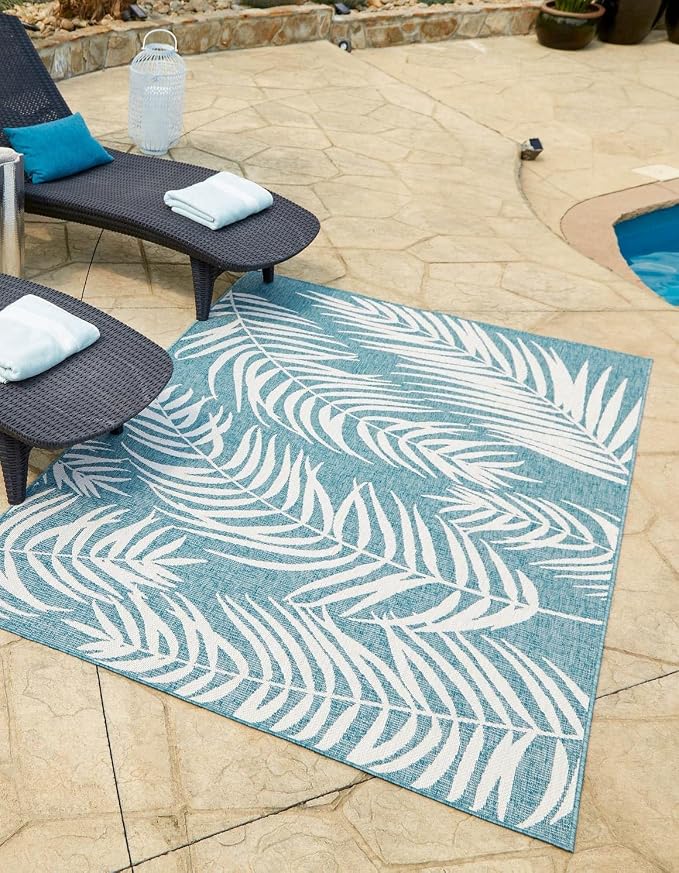 Unique Loom Outdoor Botanical Collection Area Rug - Palm (10' x 13' 1" Rectangle Light Aqua/Ivory)