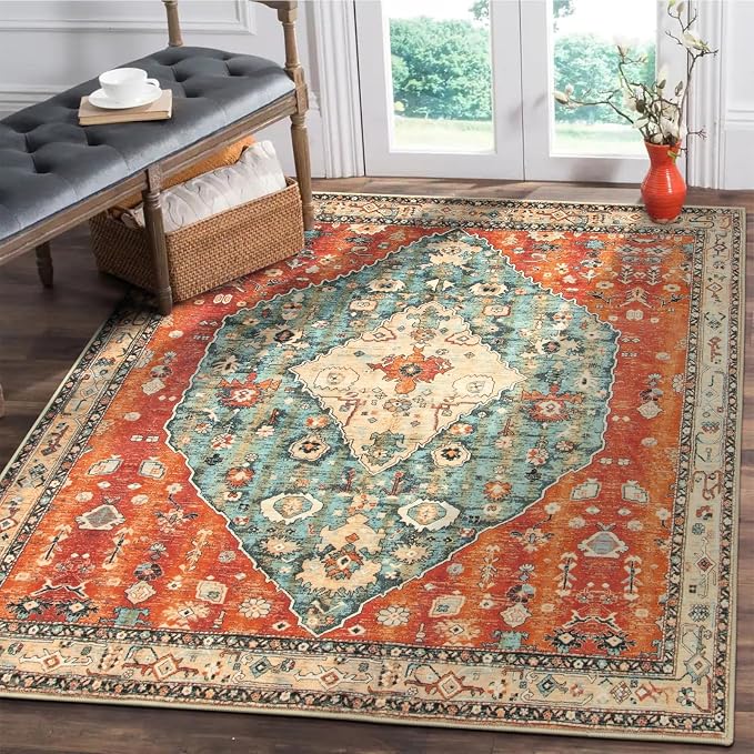 Lahome Felice Boho Tribal Square 4x4 Washable Rug, Soft Living Room Kitchen Entry Rugs with Rubber Backing, Oriental Non-Slip Indoor Throw Bedroom Carpet for Nursery Office (Rust/Dull Teal,4x4ft)