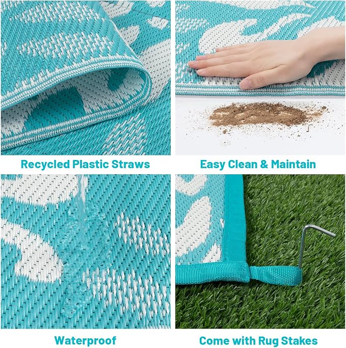 HEBE Waterproof Outdoor Rug 8x10 for Patios, Floral Reversible Plastic Straw Rug Patio Mat, Indoor Outdoor Carpet RV Mat Camping Rug for Deck, Camper, Porch, Balcony, Backyard, Picnic