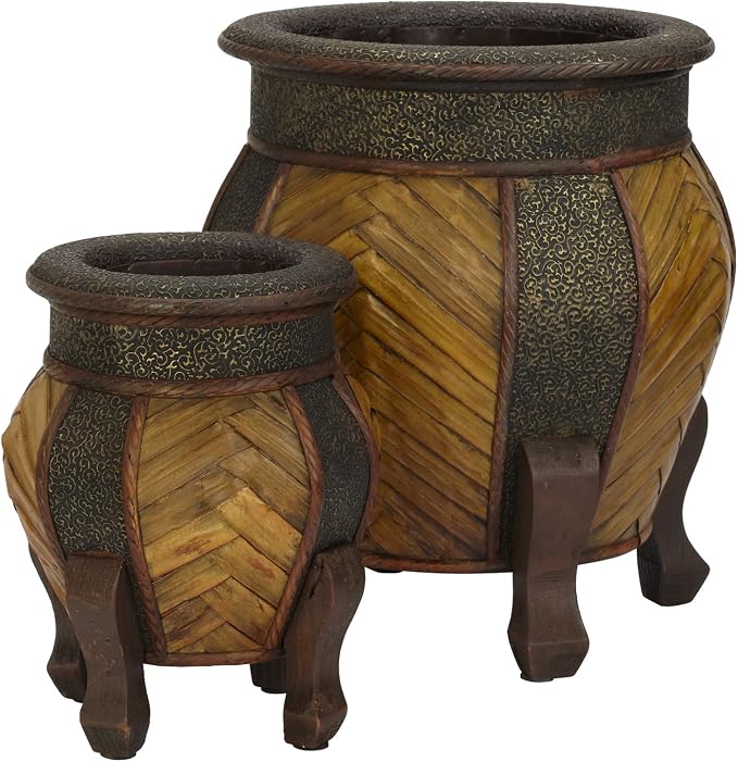 Nearly Natural 519 Decorative Rounded Wood Planters, Brown, Set of 2,Small: 8.25w x 8.25d x 10.75h, Large: 12w x 13d x 15h