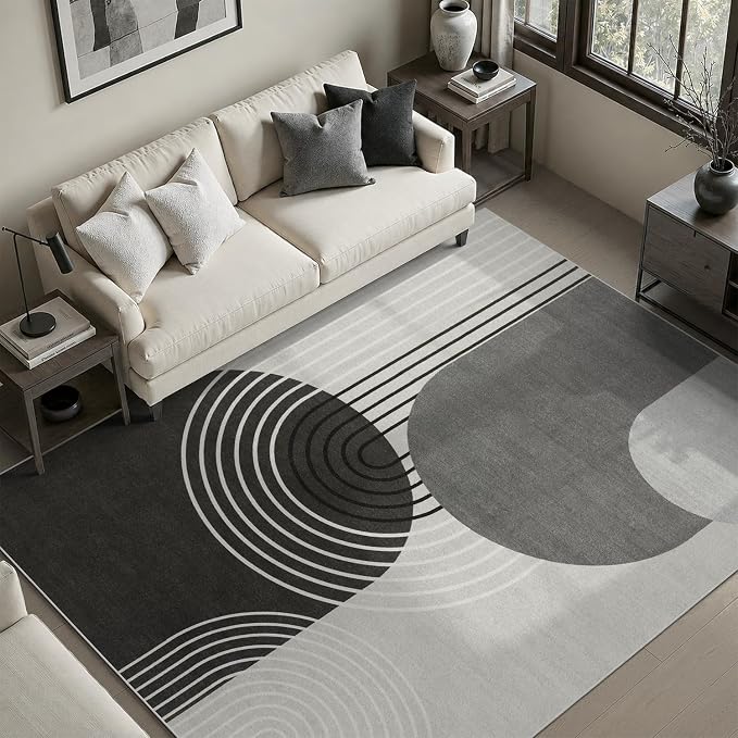 DCX Abstract Washable 5x7 Rug, Non Slip Low Pile Rug, Black Gray | Rugs for living room, bedroom, dining room, office, soft, mid century modern rug, sain resistant indoor carpet, home decor