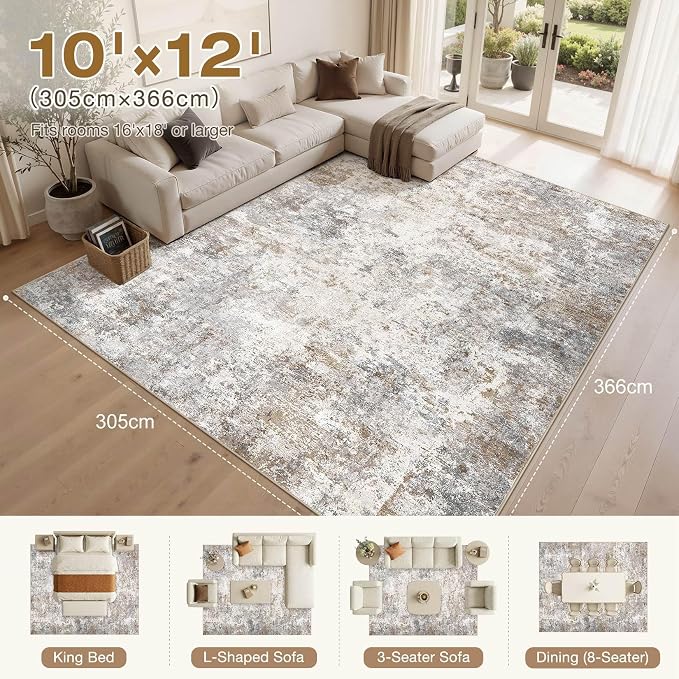 UERMEI 10x12 Area Rug Living Room Rugs Washable Neutral Brown Grey Carpet | Modern Abstract Non-Slip Soft Large Low Pile Floor Rugs for Bedroom Dining Room Home Office Indoor Decor